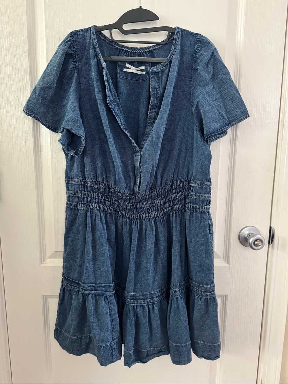 Anthropologie Indigo Denim-Effect Tiered Short Sleeve Dress